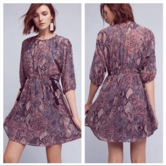 Anthropologie Floreat Zhara Snake Print Long Sleeve Dress Blue M Tie Wai… - Picture 1 of 13